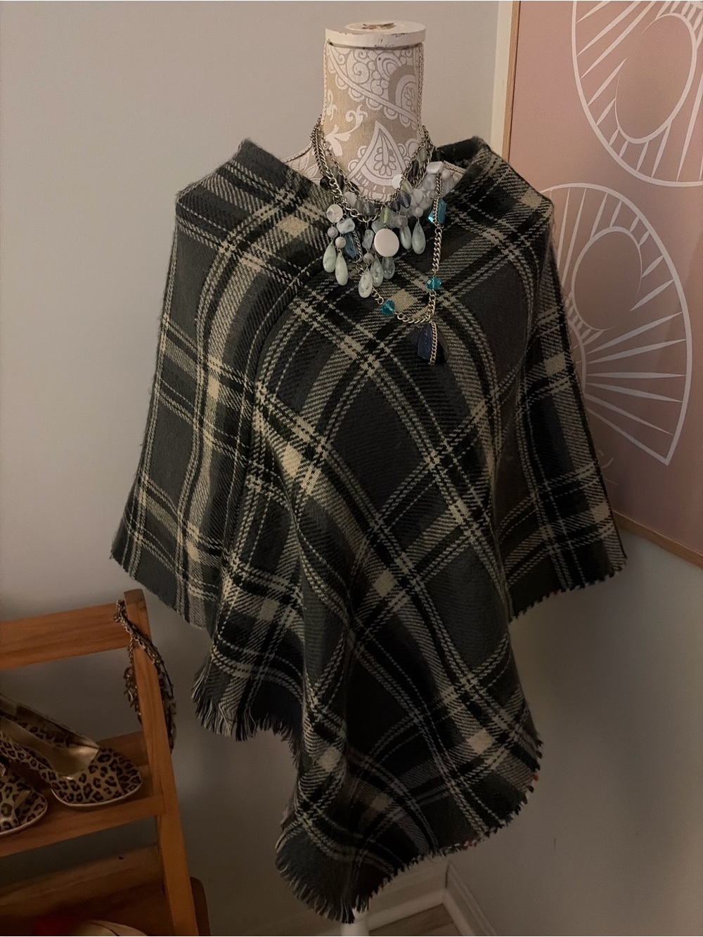 Plaid Black and Cream Poncho - Brand Unspecified